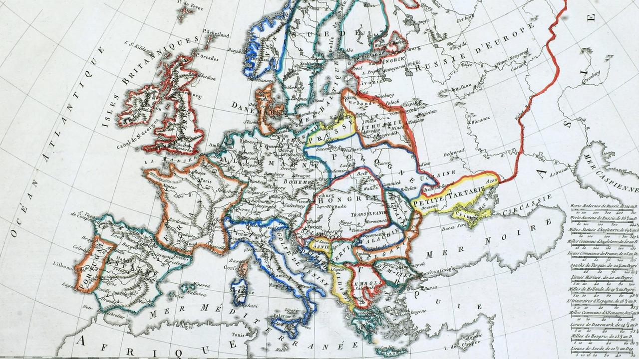 Eine französische Karte Europas mit teils noch erheblich anderen Grenzverläufen. Eine französische Karte Europas mit teils noch erheblich anderen Grenzverläufen.