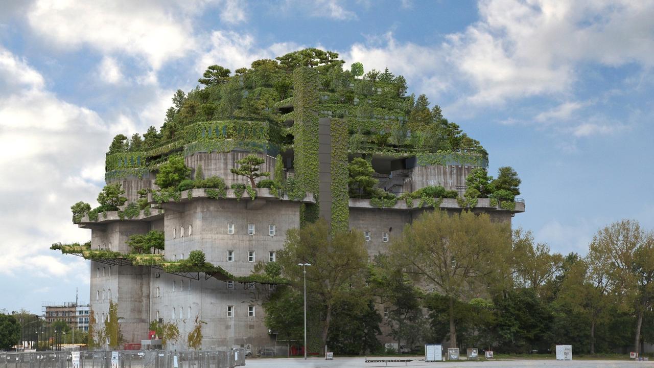 Aif der Visualisierung ist der Dachaufbau auf dem gigantischem Hochbunker am Heiligengeistfeld in Hamburg begrünt. Aif der Visualisierung ist der Dachaufbau auf dem gigantischem Hochbunker am Heiligengeistfeld in Hamburg begrünt.