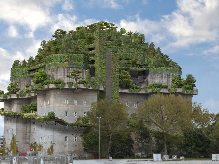 Aif der Visualisierung ist der Dachaufbau auf dem gigantischem Hochbunker am Heiligengeistfeld in Hamburg begrünt.