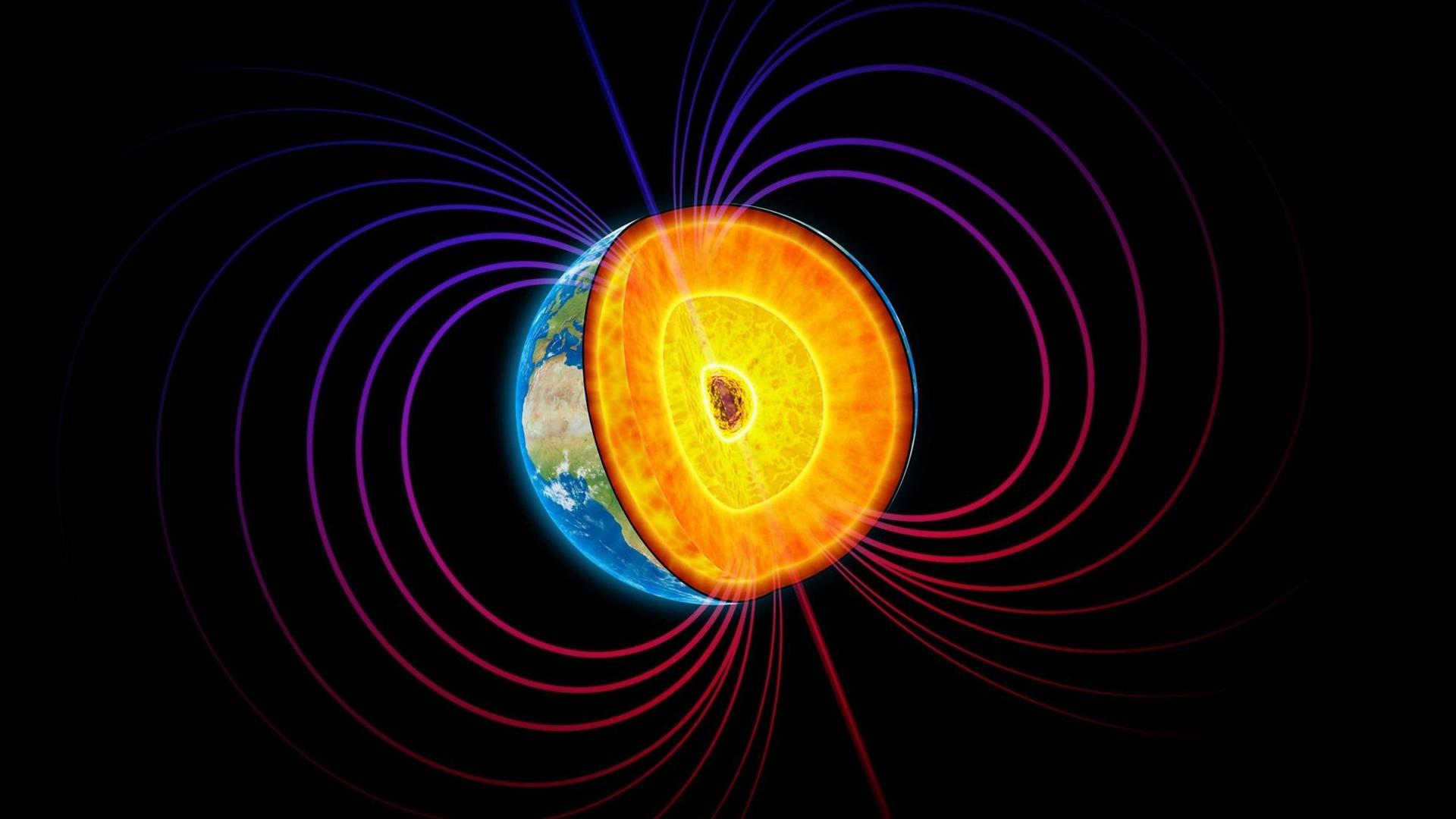 Der Erdkern und das Magnetfeld der Erde in einer künstlerischen Darstellung. Der Erdkern und das Magnetfeld der Erde in einer künstlerischen Darstellung.