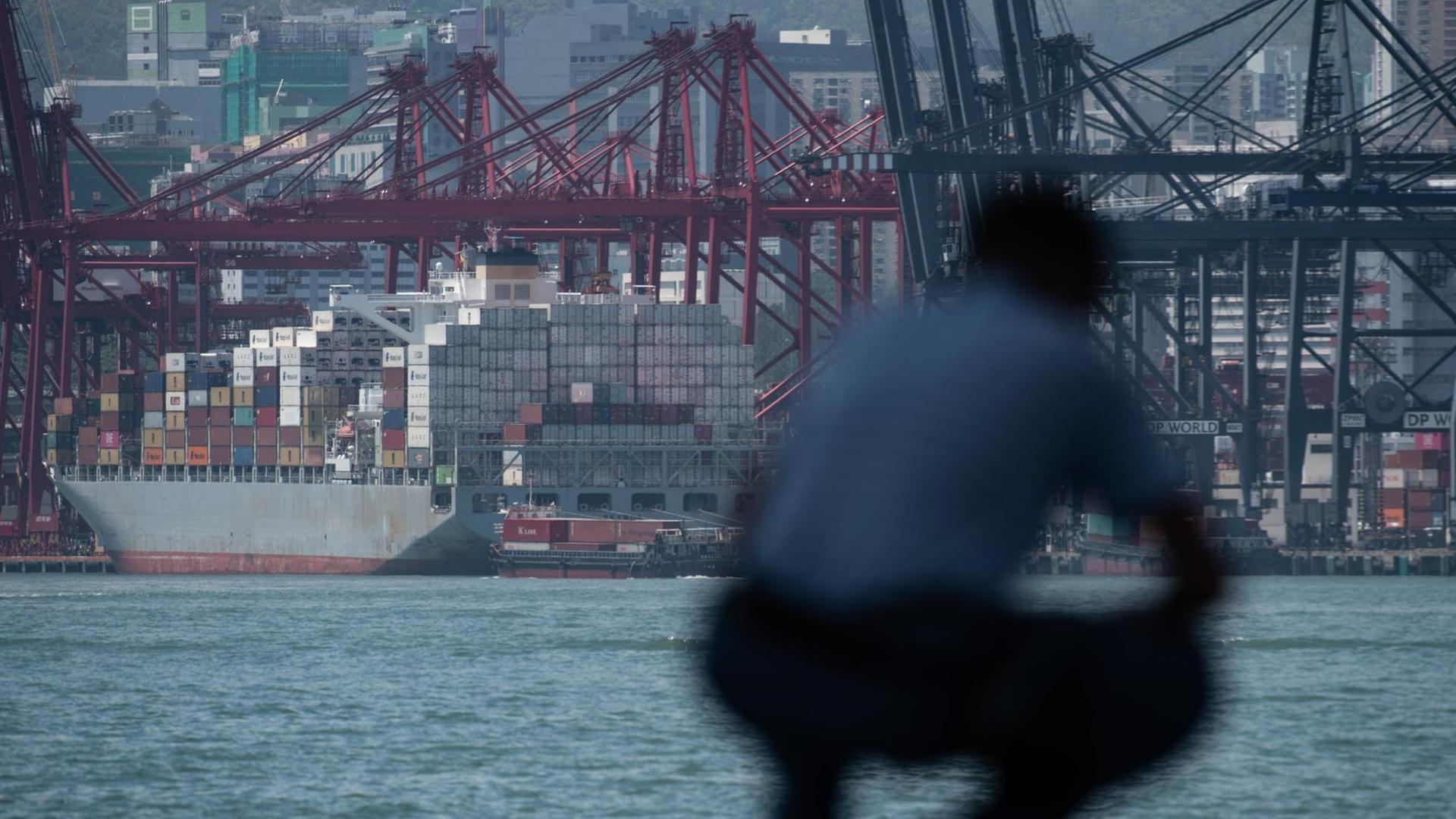 Aufnahme eines Mannes vor der Kulisse des Container-Terminals im Hafen von Hongkong