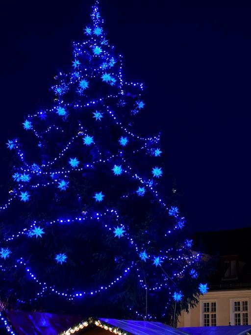 Festlich geschmückter Weihnachtsbaum auf dem Weihnachtsmarkt in Potsdam am 03.12.2015. Der Weihnachtsmarkt hat im Jahr 2015 das Motto: "Blauer Lichterglanz"