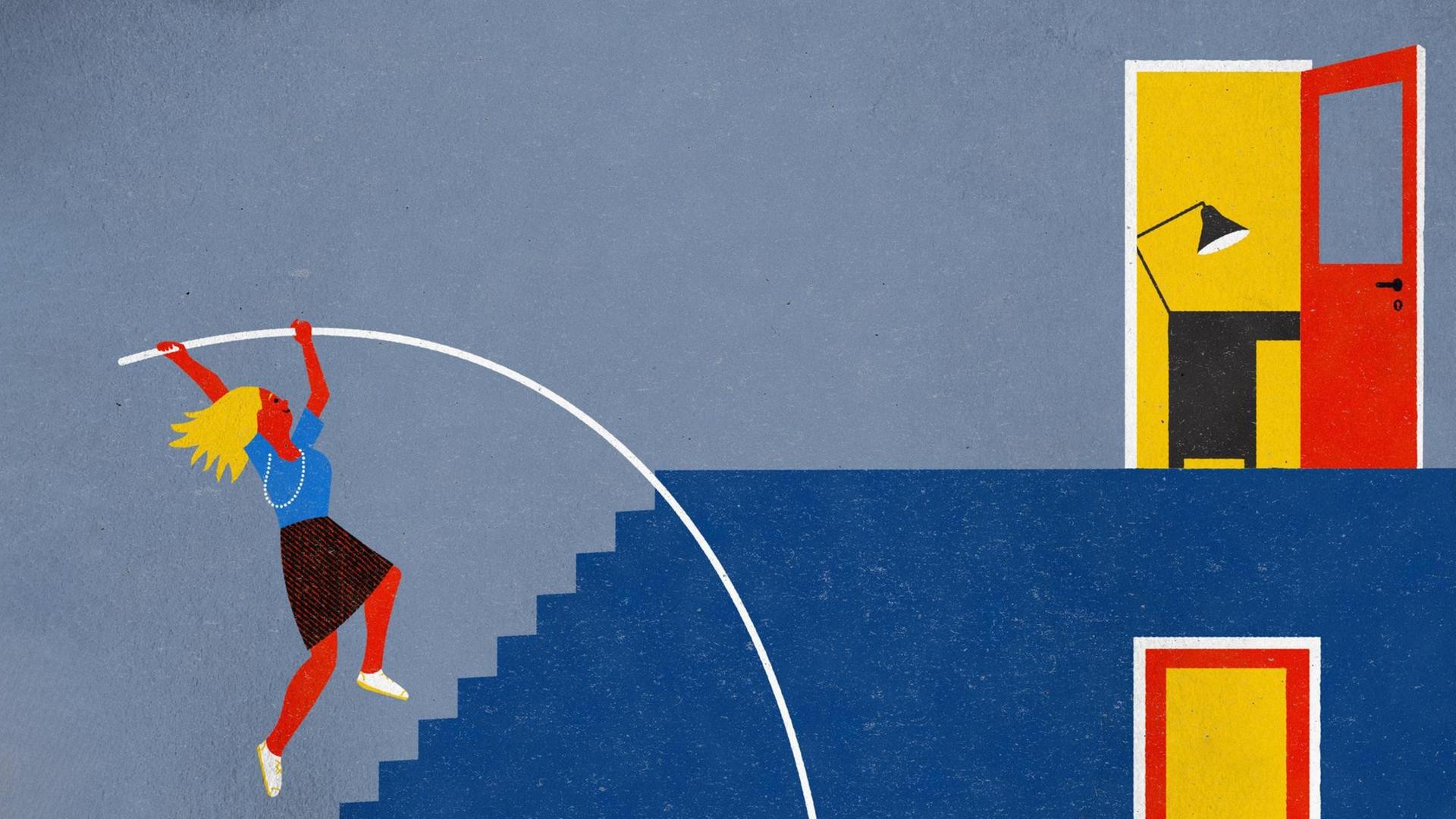 Illustration von einer Frau, die mit Stabhochsprung eine Treppe zu einem Büro erklimmt.