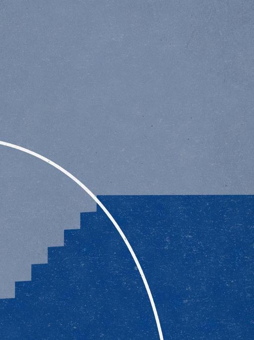 Illustration von einer Frau, die mit Stabhochsprung eine Treppe zu einem Büro erklimmt.