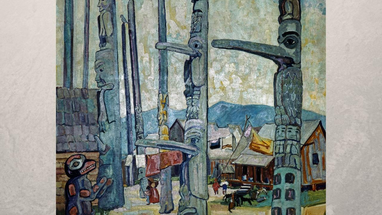 Gemälde von Emily Carr im Vancouver Art Gallery (Ausschnitt) - Nur die Stämme der Nordwestküstenindianer in British Columbia und Südalaska pflegten die Holzschnitzkunst und schufen im 19. Jh. eindrucksvolle Totempfähle, die sie je nach Rang vor ihren Behausungen aufstellten. Gemälde von Emily Carr im Vancouver Art Gallery (Ausschnitt) - Nur die Stämme der Nordwestküstenindianer in British Columbia und Südalaska pflegten die Holzschnitzkunst und schufen im 19. Jh. eindrucksvolle Totempfähle, die sie je nach Rang vor ihren Behausungen aufstellten.