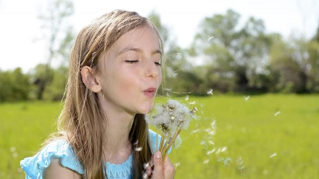 Ein blondes Mädchen steht mit einer Pusteblume auf einem Feld