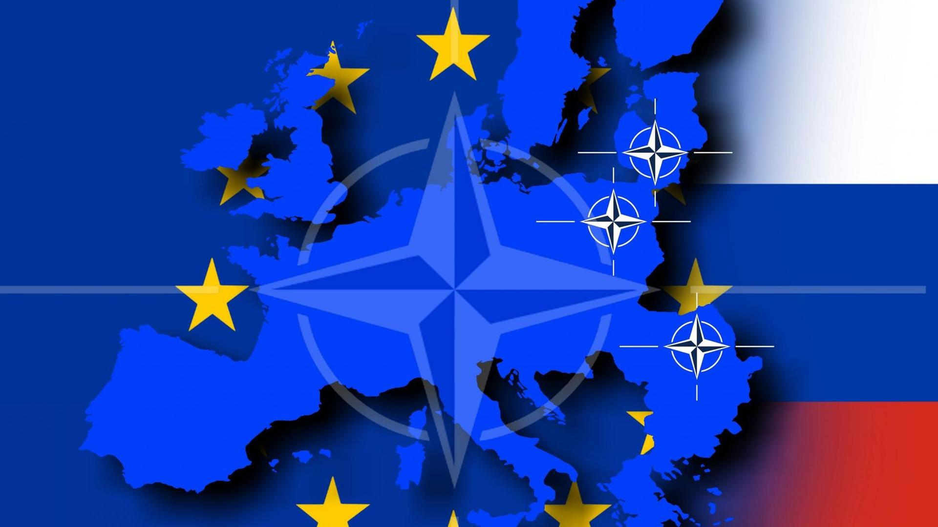 Umrisse der EU mit Nato Emblem und russischer Flagge: Symbolbild zur geplanten NATO OTAN schnellen Eingreiftruppe in den osteuropäischen Ländern des Baltikums.