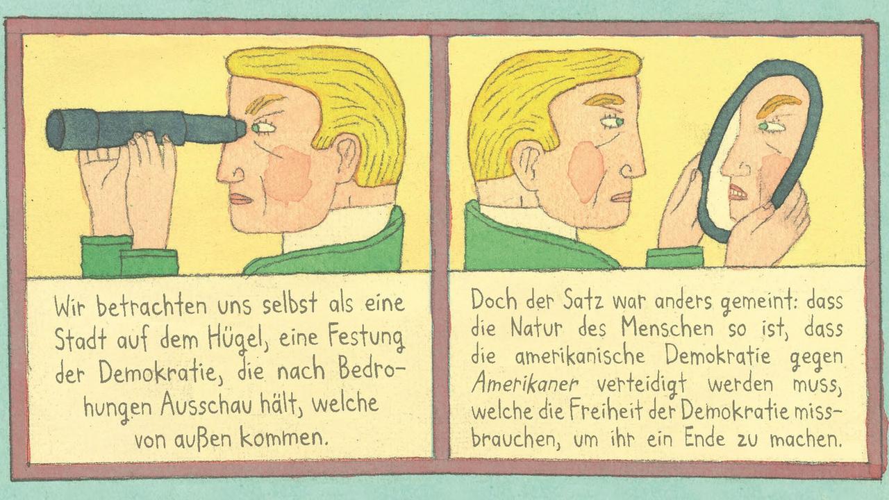 Illustration eines Männergesichts, es blickt einmal durch ein Fernrohr und einmal in einen Spiegel. Illustration eines Männergesichts, es blickt einmal durch ein Fernrohr und einmal in einen Spiegel.