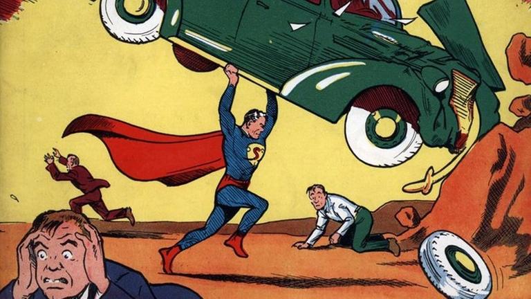 Cover der 1938er-Edition des Superman-Comics "Action Comics No. 1", Superman kommt darin zum allerersten Mal vor. Cover der 1938er-Edition des Superman-Comics "Action Comics No. 1", Superman kommt darin zum allerersten Mal vor.