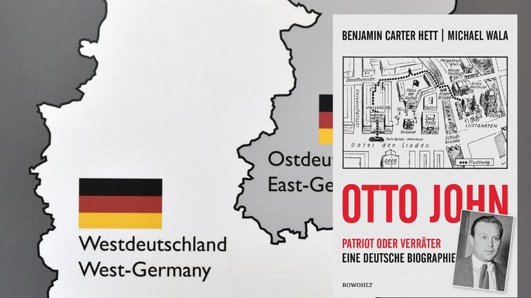 Eine schemenhafte Karte von West- und Ostdeutschland. Darauf das Buchcover von Benjamin Carter Hett und Michael Wala: "Otto John".