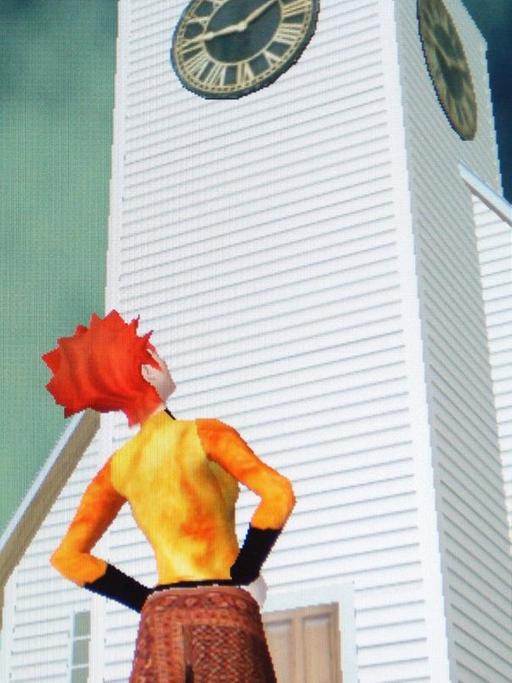 Screenshot der Web 3D Simulation Second Life. Ein sogenannter Avatar mit roten Haaren steht vor einer weißen Kirche.