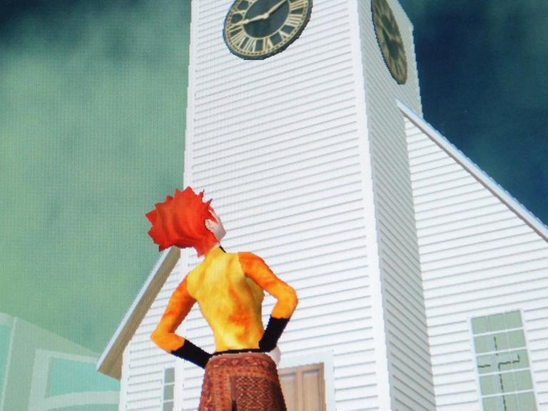 Screenshot der Web 3D Simulation Second Life. Ein sogenannter Avatar mit roten Haaren steht vor einer weißen Kirche.