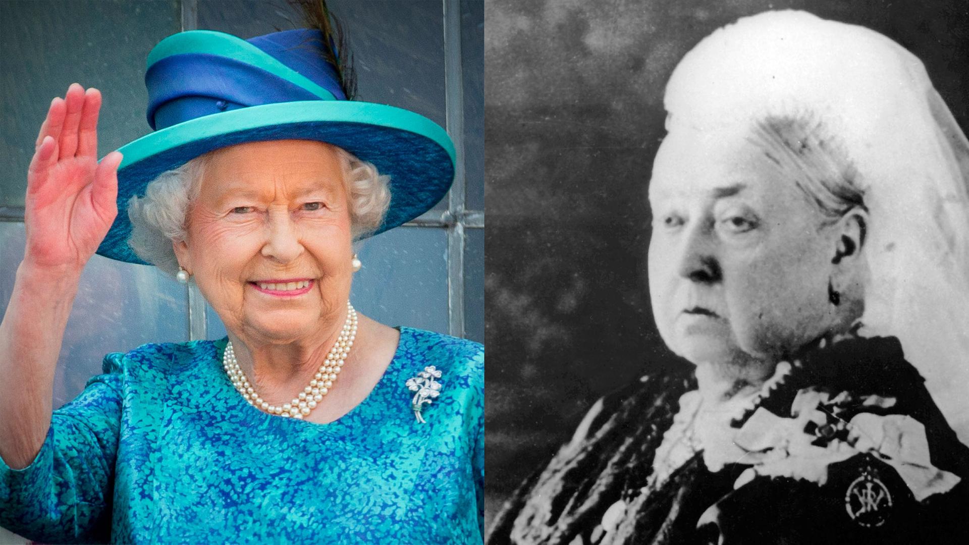 Die Kombination zeigt ein Farbfoto von Königin Elizabeth II. auf Staatsbesuch in Deutschland im Jahr 2015 neben einer undatierten Schwarz-Weiß-Aufnahme von Königin Victoria. Die Kombination zeigt ein Farbfoto von Königin Elizabeth II. auf Staatsbesuch in Deutschland im Jahr 2015 neben einer undatierten Schwarz-Weiß-Aufnahme von Königin Victoria.