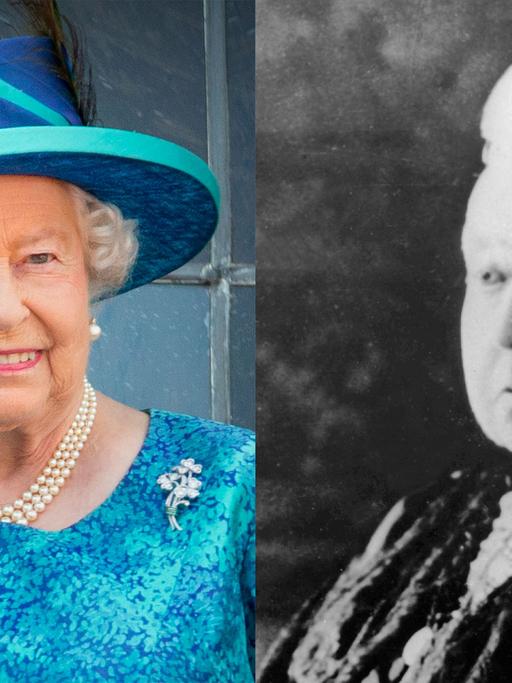 Die Kombination zeigt ein Farbfoto von Königin Elizabeth II. auf Staatsbesuch in Deutschland im Jahr 2015 neben einer undatierten Schwarz-Weiß-Aufnahme von Königin Victoria.