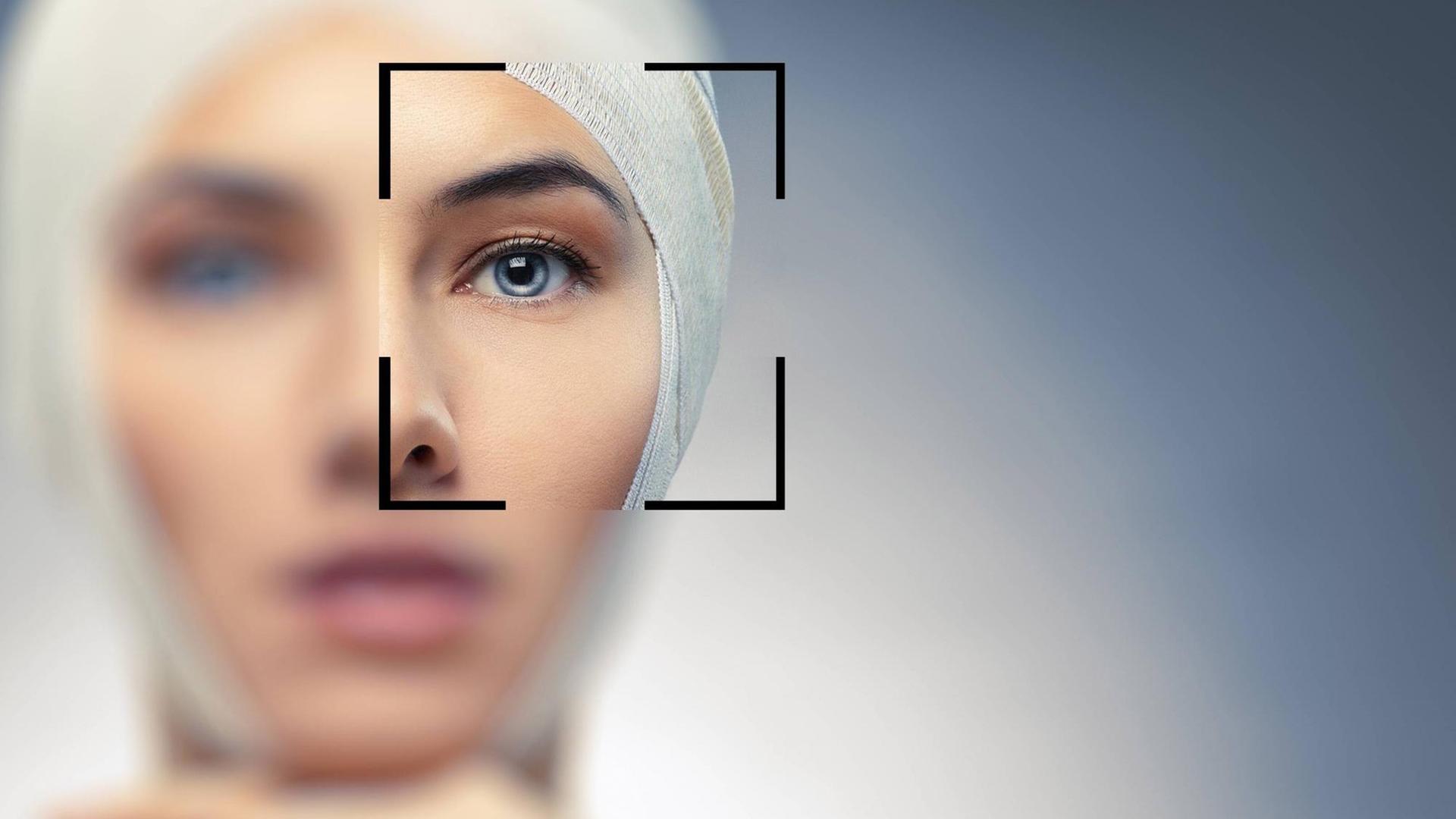 Eine Frau hat eine weiße Bandage um den Kopf gewickelt. Ihr linkes Auge ist mit einem schwarzen Kasten umrahmt. Eine Frau hat eine weiße Bandage um den Kopf gewickelt. Ihr linkes Auge ist mit einem schwarzen Kasten umrahmt.