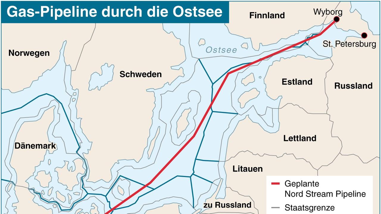 Karte zum Verlauf der Gas-Pipeline durch die Ostsee