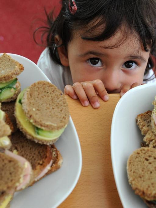 Ein kleines Kind schaut in die Kamera. Im Vordergrund stehen zwei Teller mit Pausenbroten, ausgestochen in unterschiedlichen Formen und belegt mit Gemüse, Käse und Aufschnitt.