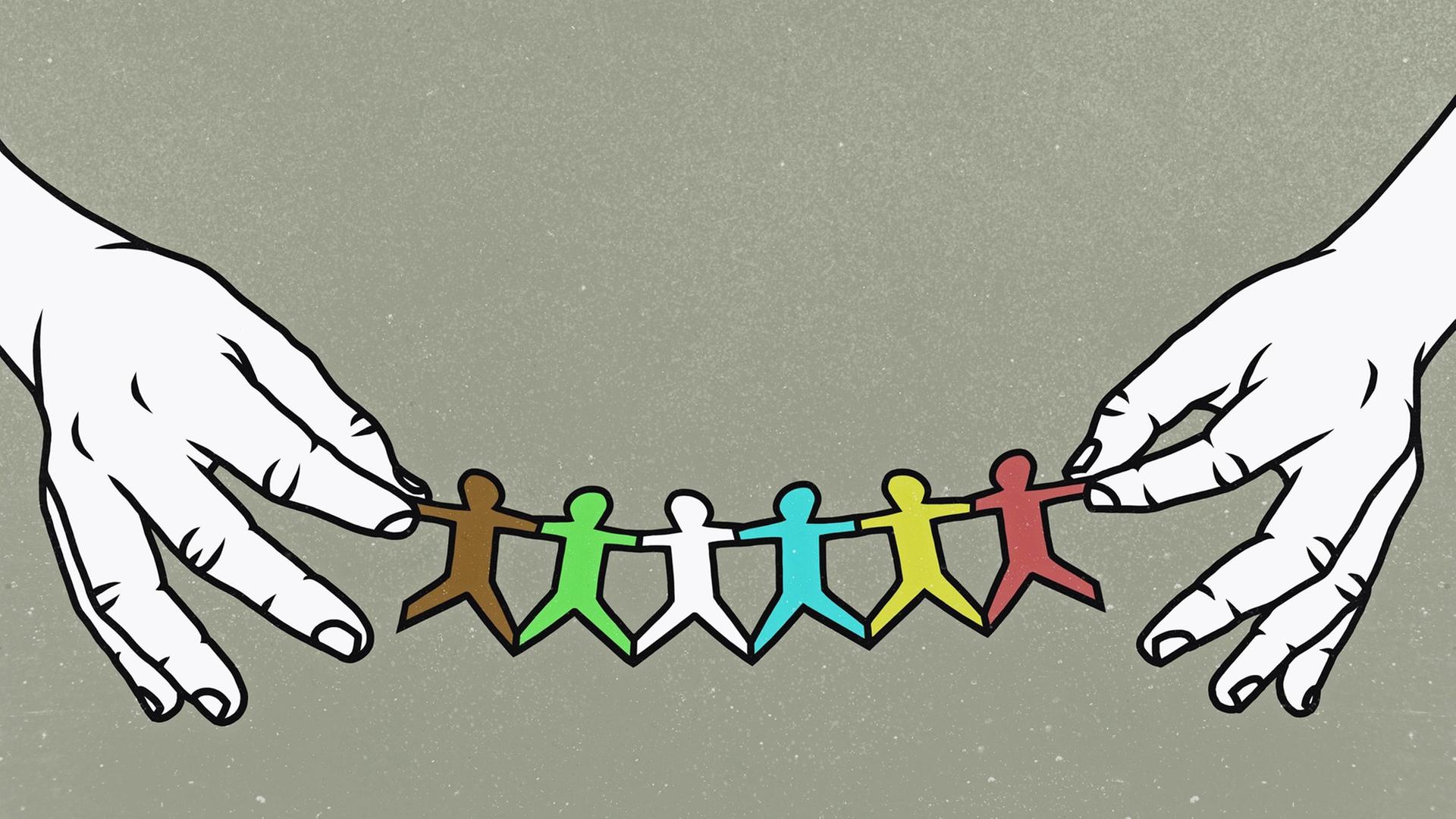Eine Illustration zeigt zwei Hände, die eine Kette von bunten Papierfiguren halten. Eine Illustration zeigt zwei Hände, die eine Kette von bunten Papierfiguren halten.
