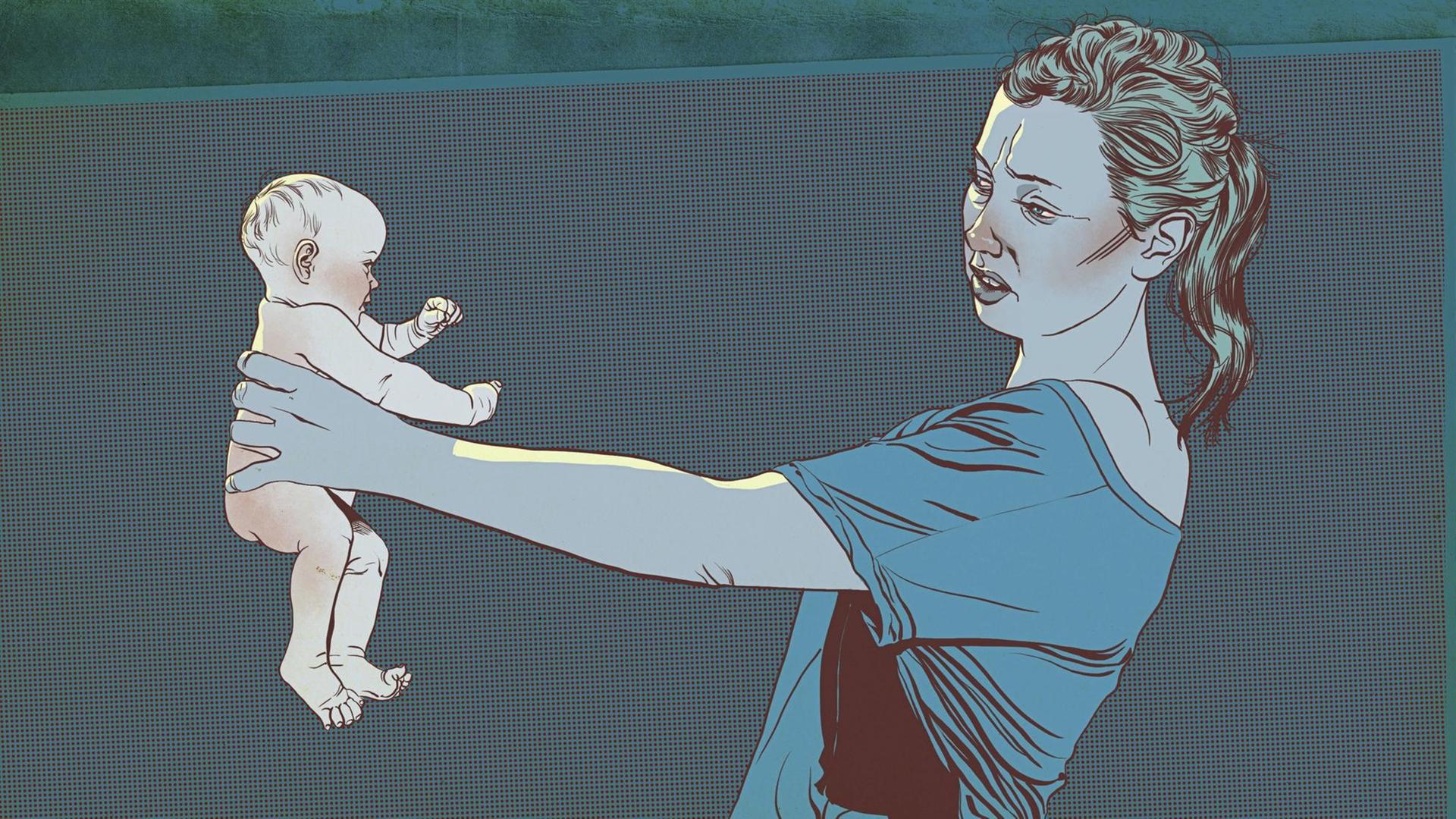 Zeichnung einer depressive Mutter, die ihr neugeborenes Baby von sich weg hält. Zeichnung einer depressive Mutter, die ihr neugeborenes Baby von sich weg hält.