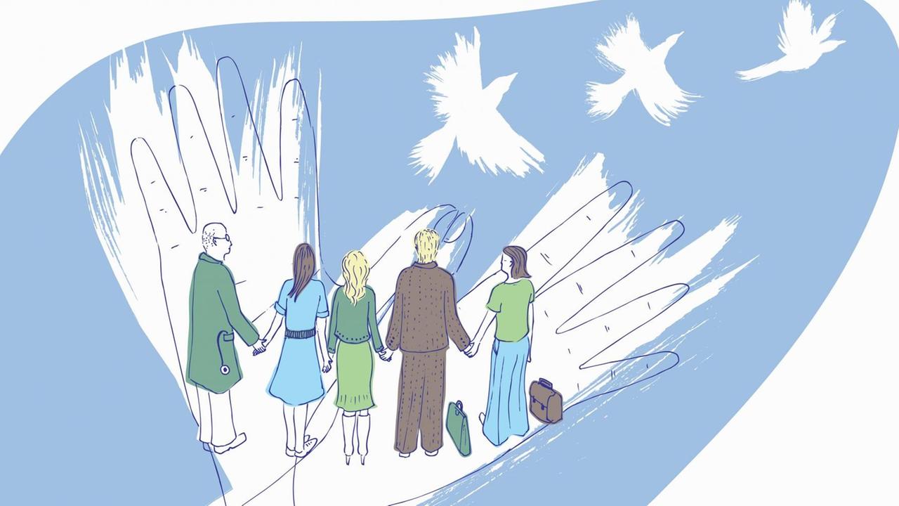 Illustration mit Händen, fünf Personen die sich an den Händen halten und weißen Tauben. Illustration mit Händen, fünf Personen die sich an den Händen halten und weißen Tauben.