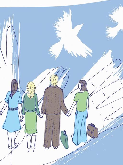 Illustration mit Händen, fünf Personen die sich an den Händen halten und weißen Tauben.