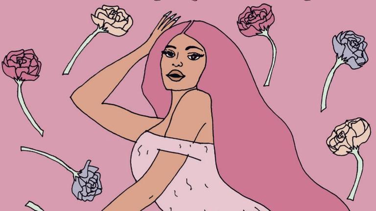 Ausschnitt aus dem Comic "Im Spiegelsaal" von Liv Strömquist. Die Zeichnug zeigt eine in pink und rosa gezeichnete Frau mit langen Haaren, die Kylie heißt.