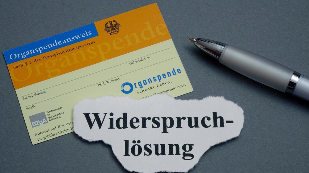 04.09.2018, Boekwalde, Brandenburg, Neben einem Organspendeausweis liegt das Wort Widerspruchloesung und ein Kugelschreiber. | Verwendung weltweit 04.09.2018, Boekwalde, Brandenburg, Neben einem Organspendeausweis liegt das Wort Widerspruchloesung und ein Kugelschreiber. | Verwendung weltweit