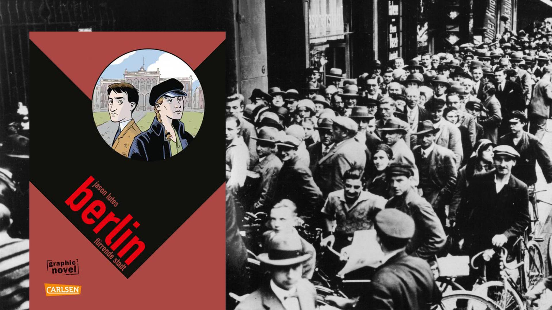 Im Vordergrund das Cover von "Berlin: Flirrende Stadt". Im Hintergrund eine Szene aus der Weimarer Republick
