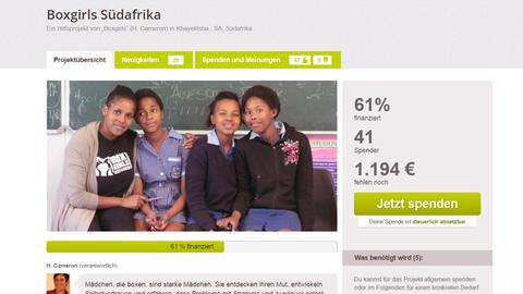 Screenshot von einem Box-Projekt für Mädchen in Südafrika auf der Online-Spendenplattform betterplace.org