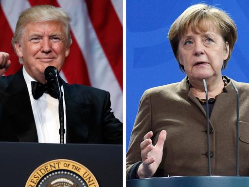 Die Kombo zeigt den neuen US-Präsidenten Donald Trump und Bundeskanzlerin Angela Merkel