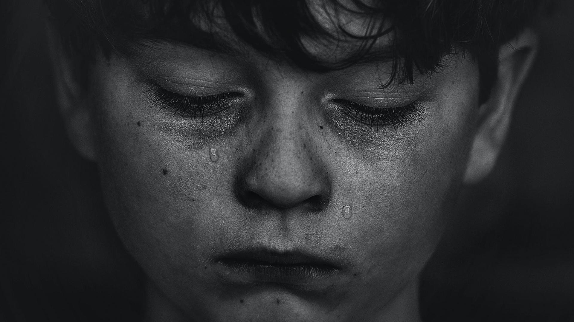 Schwarz-Weiß-Aufnahme eines Jungen, dem Tränen über das Gesicht laufen Schwarz-Weiß-Aufnahme eines Jungen, dem Tränen über das Gesicht laufen