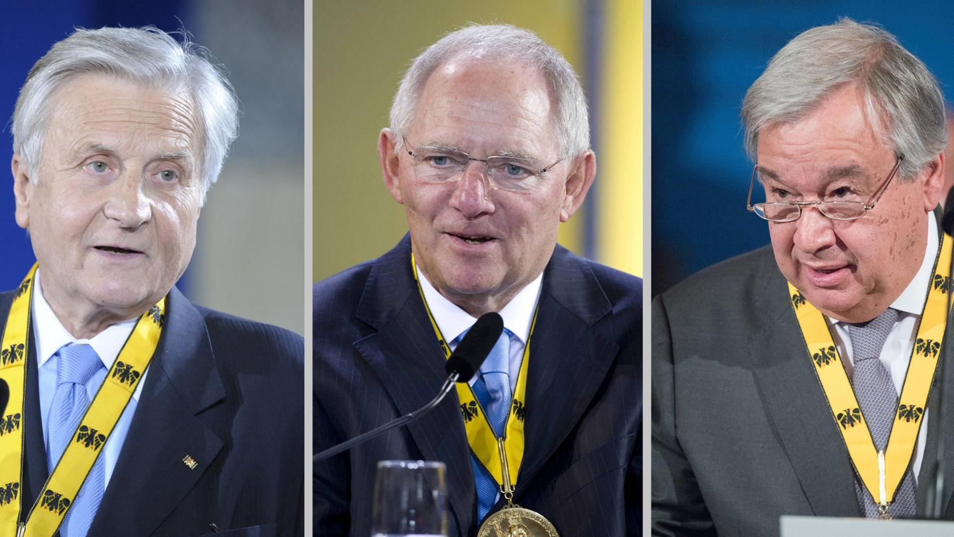 Fotocollage: Jean-Claude Trichet (l), Wolfgang Schäuble und António Guterres bei der Verleihung des Karlspreises. Fotocollage: Jean-Claude Trichet (l), Wolfgang Schäuble und António Guterres bei der Verleihung des Karlspreises.