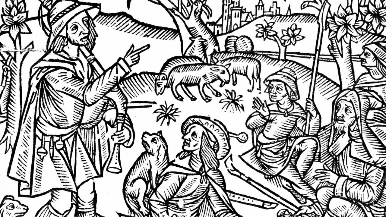 Der Holzschnitt zeigt vier lagernde Schäfer mit ihren Tieren und Musikinstrumenten, wie Dudelsack und Flöte. Der Holzschnitt zeigt vier lagernde Schäfer mit ihren Tieren und Musikinstrumenten, wie Dudelsack und Flöte.