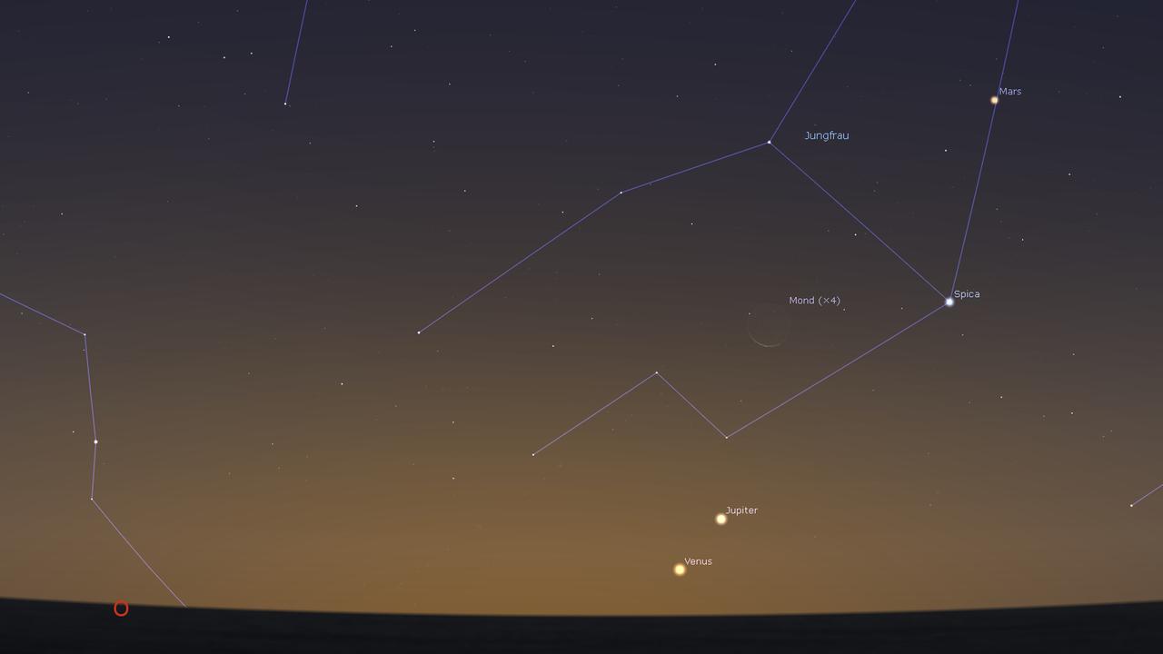 Die Mondsichel, Venus, Jupiter, Spica und Mars am 16. November kurz vor Sonnenaufgang Die Mondsichel, Venus, Jupiter, Spica und Mars am 16. November kurz vor Sonnenaufgang