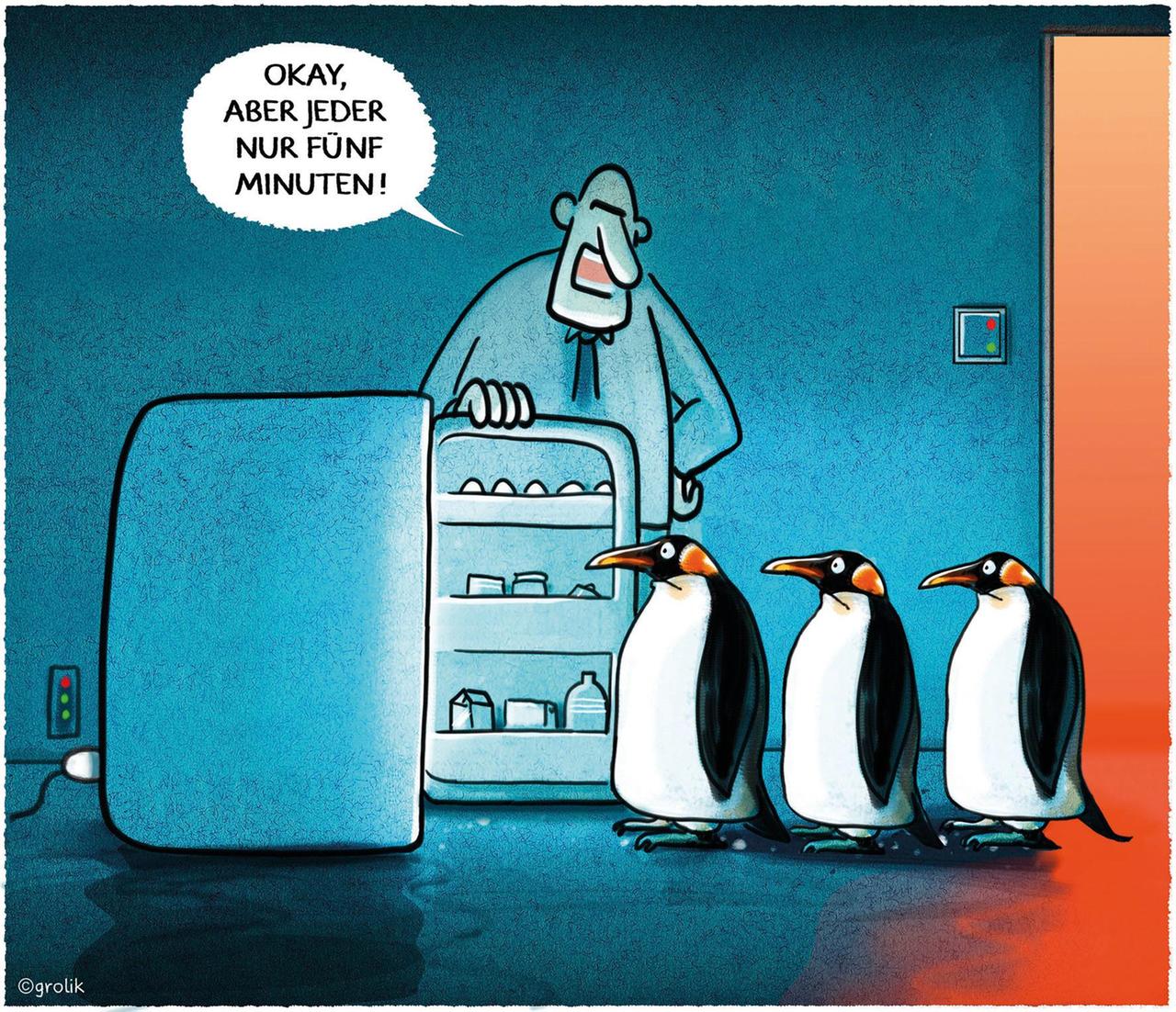 Ein Mann hält einigen Pinguinen eine Kühlschranktür auf. Er sagt: "Okay, aber jeder nur fünf Minuten!" Ein Mann hält einigen Pinguinen eine Kühlschranktür auf. Er sagt: "Okay, aber jeder nur fünf Minuten!"