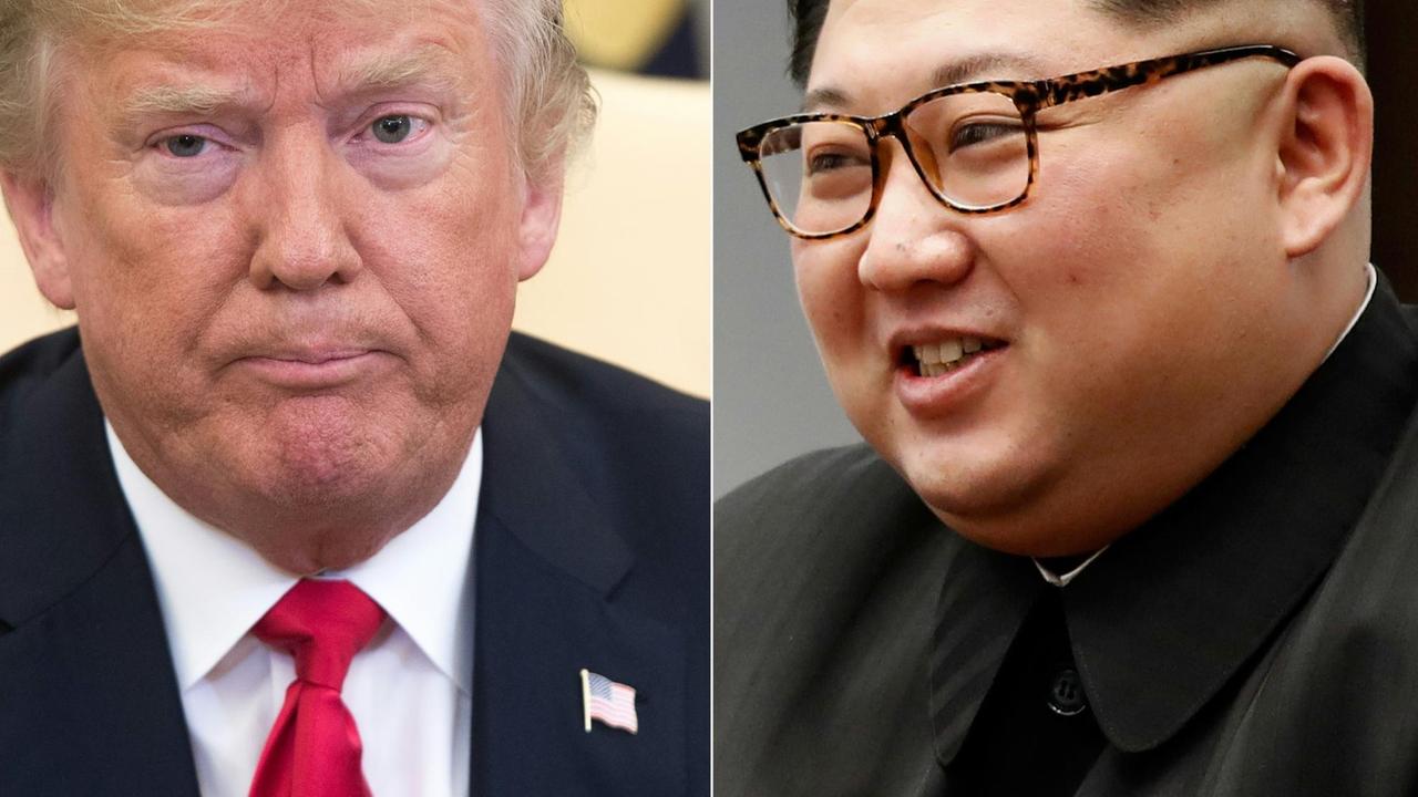 Bildmontage aus zwei Aufnahmen von US-Präsident Donald Trump bei einem Treffen im Weißen Haus (Mai 2018) und Nordkoreas Machthaber Kim Jong Un beim innerkoreanischen Gipfel (April 2018)