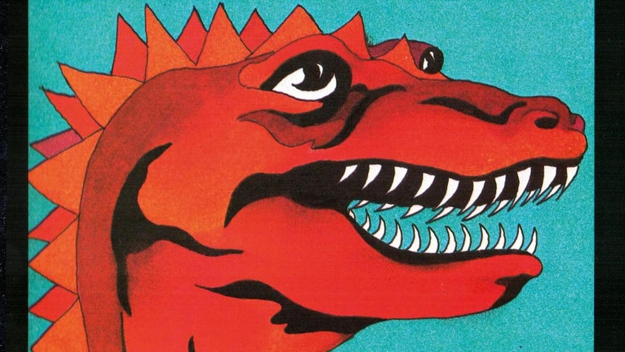 Kopf eines roten Drachen, der nach rechts blickt, vor türkisem Hintergrund, schwarz umrahmt. Kopf eines roten Drachen, der nach rechts blickt, vor türkisem Hintergrund, schwarz umrahmt.