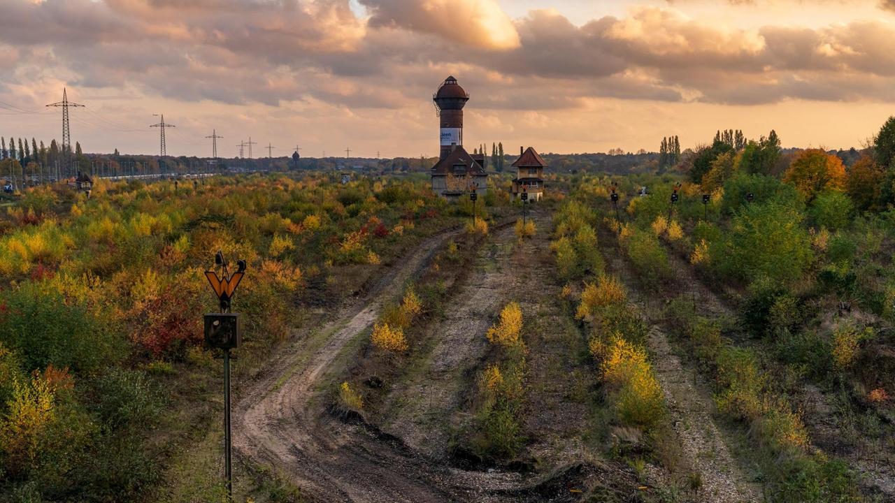 Der stillgelegte Rangierbahnhof in Duisburg-Wedau in einer Panoramaansicht. Im Hintergrund ist der Wasserturm zu sehen. Der stillgelegte Rangierbahnhof in Duisburg-Wedau in einer Panoramaansicht. Im Hintergrund ist der Wasserturm zu sehen.