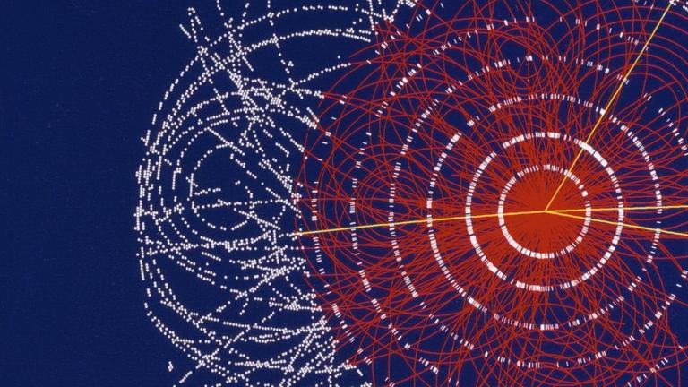 Die Illustration zeigt den Zerfall eines fiktiven Higgs-Bosons. 