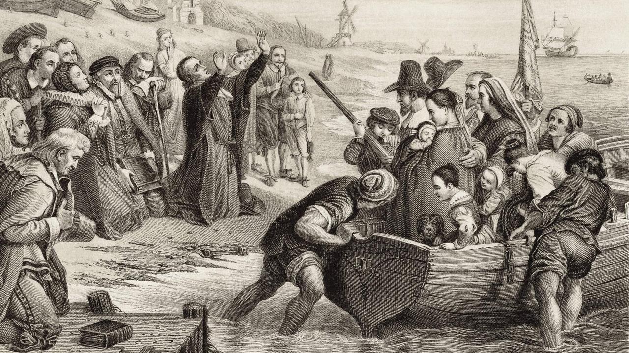 Juli 1620: Die Pilgerväter verlassen die Niederlande. Bild aus: Illustrations Of English And Scottish History, 1882.