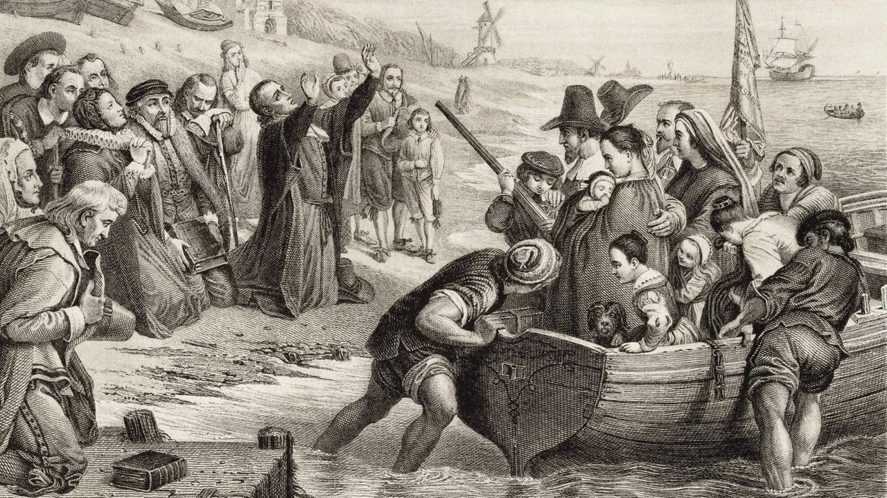 Juli 1620: Die Pilgerväter verlassen die Niederlande. Bild aus: Illustrations Of English And Scottish History, 1882. Juli 1620: Die Pilgerväter verlassen die Niederlande. Bild aus: Illustrations Of English And Scottish History, 1882.