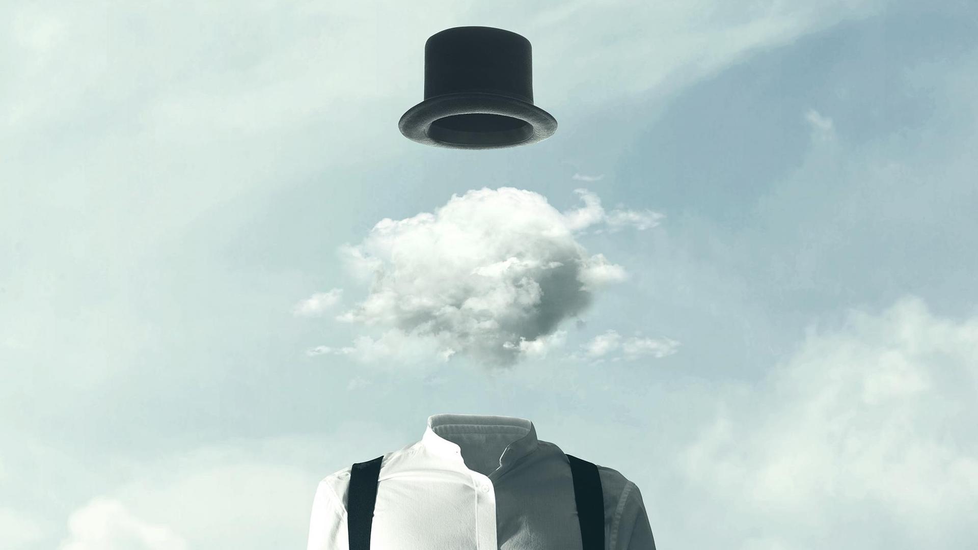 Surreale Illustration: eine Wolke zwischen Hut und Körper eines Menschen. Surreale Illustration: eine Wolke zwischen Hut und Körper eines Menschen.