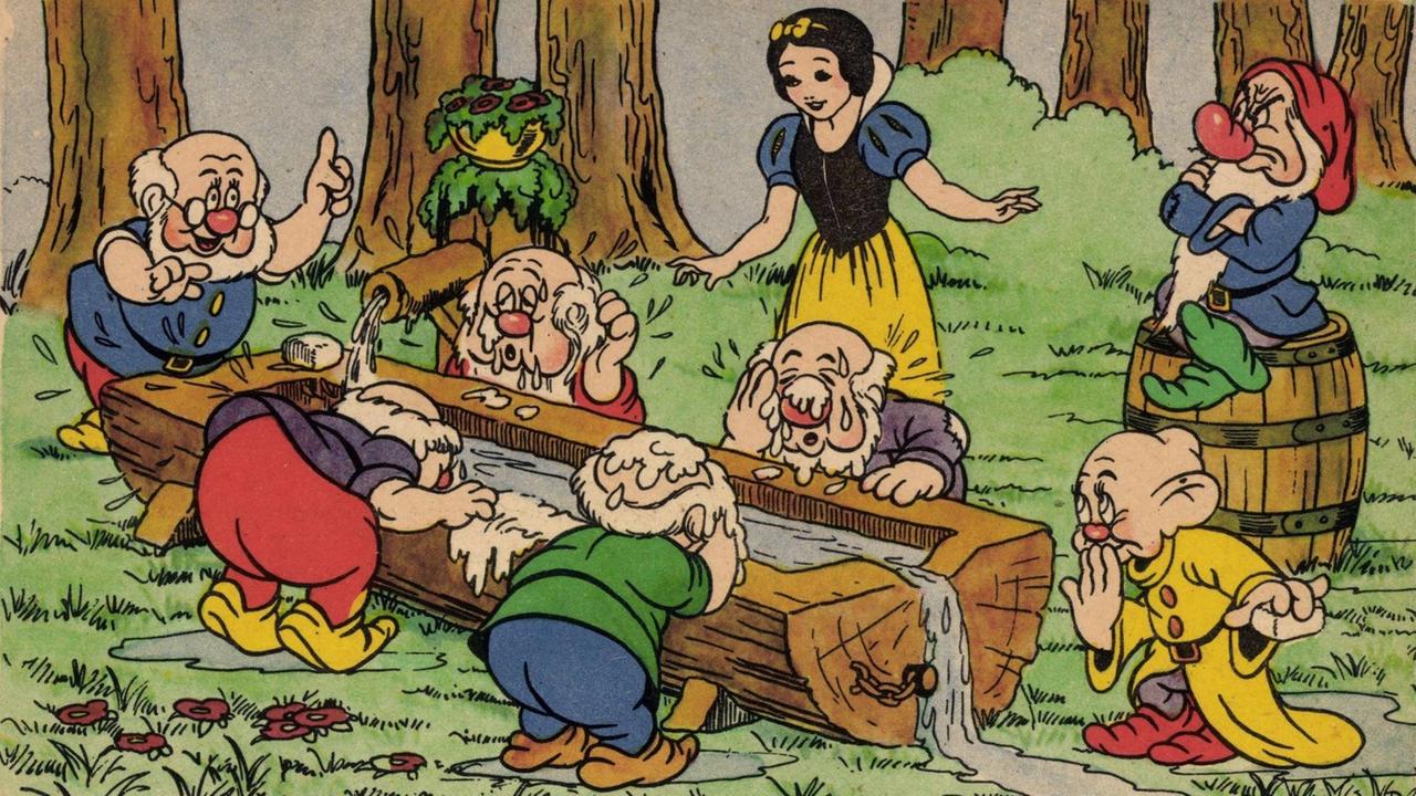 Ausschnitt aus "Schneewitchen" nach Walt Disney: Schneewitchen bewirtet die sieben Zwerge an einem Tisch im Wald. Ausschnitt aus "Schneewitchen" nach Walt Disney: Schneewitchen bewirtet die sieben Zwerge an einem Tisch im Wald.