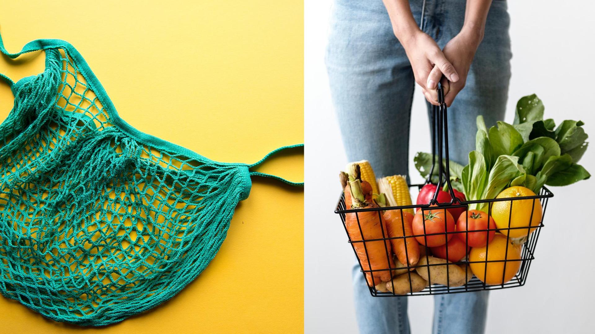 Collage aus zwei Bildern: links ein leeres Einkaufsnetz. Rechts ein gesund und prall gefüllter Einkaufskorb.