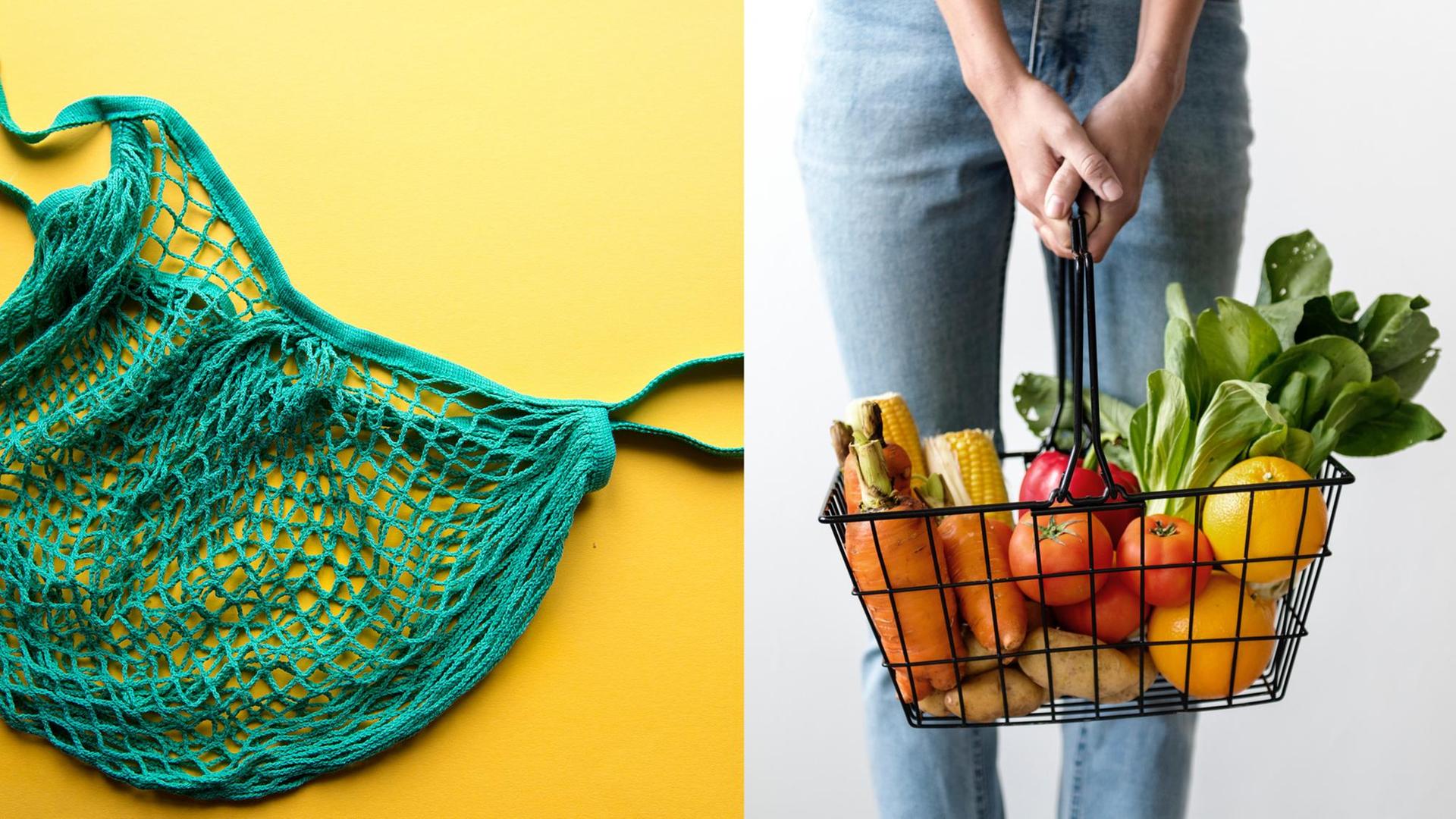 Collage aus zwei Bildern: links ein leeres Einkaufsnetz. Rechts ein gesund und prall gefüllter Einkaufskorb. Collage aus zwei Bildern: links ein leeres Einkaufsnetz. Rechts ein gesund und prall gefüllter Einkaufskorb.