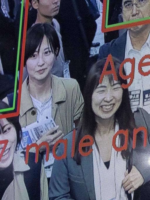 Diese Software auf einer KI-Konferenz 2019 in Tokio will Alter, Geschlecht und Gemütszustand einer Person erkennen können.