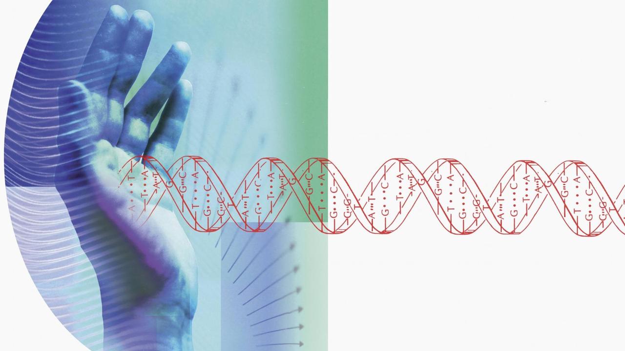 Hand stoppt DNA-Helixtruktur Hand stoppt DNA-Helixtruktur
