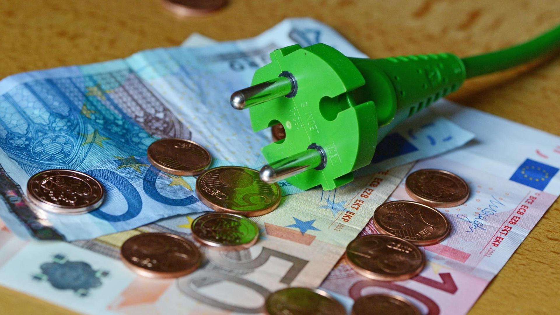 Ein grünes Stromkabel mit einem grünen Stromstecker liegt auf Euro Geldscheinen und Centmünzen. Foto: Jens Kalaene | Verwendung weltweit