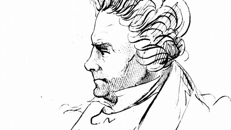 Ludwig van Beethoven auf einem zeitgenössischen Skizzenblatt.