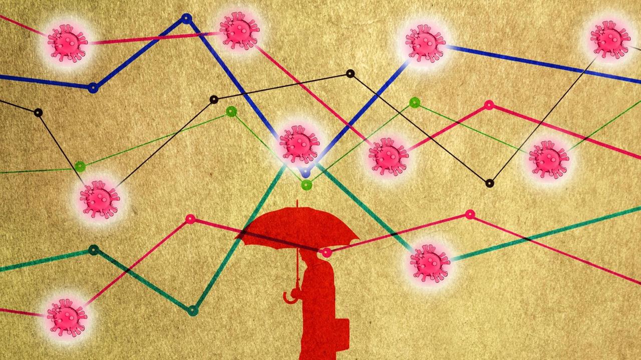 Illustration einer Wirtschaftsstatistik, die mit Coronavirus-Symbolen durchsetzt ist. Durch die Grafen der Statistik geht ein Mann mit Regenschirm.